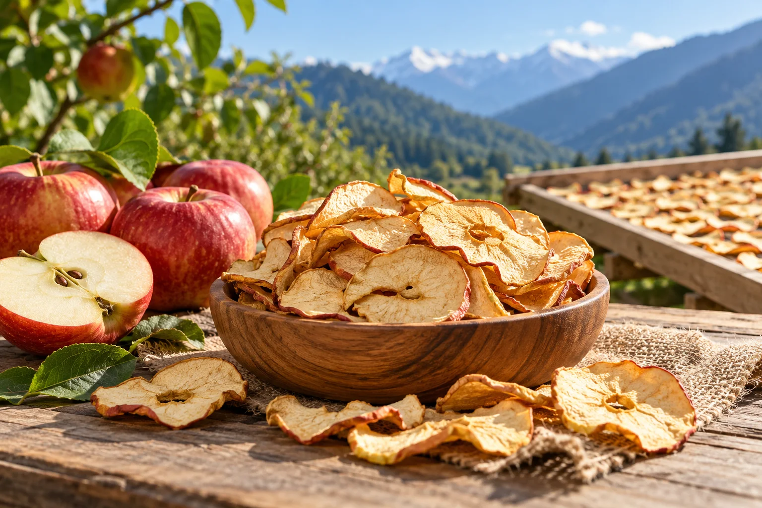 Dried apples with fresh apples and Himachali orchard in the background