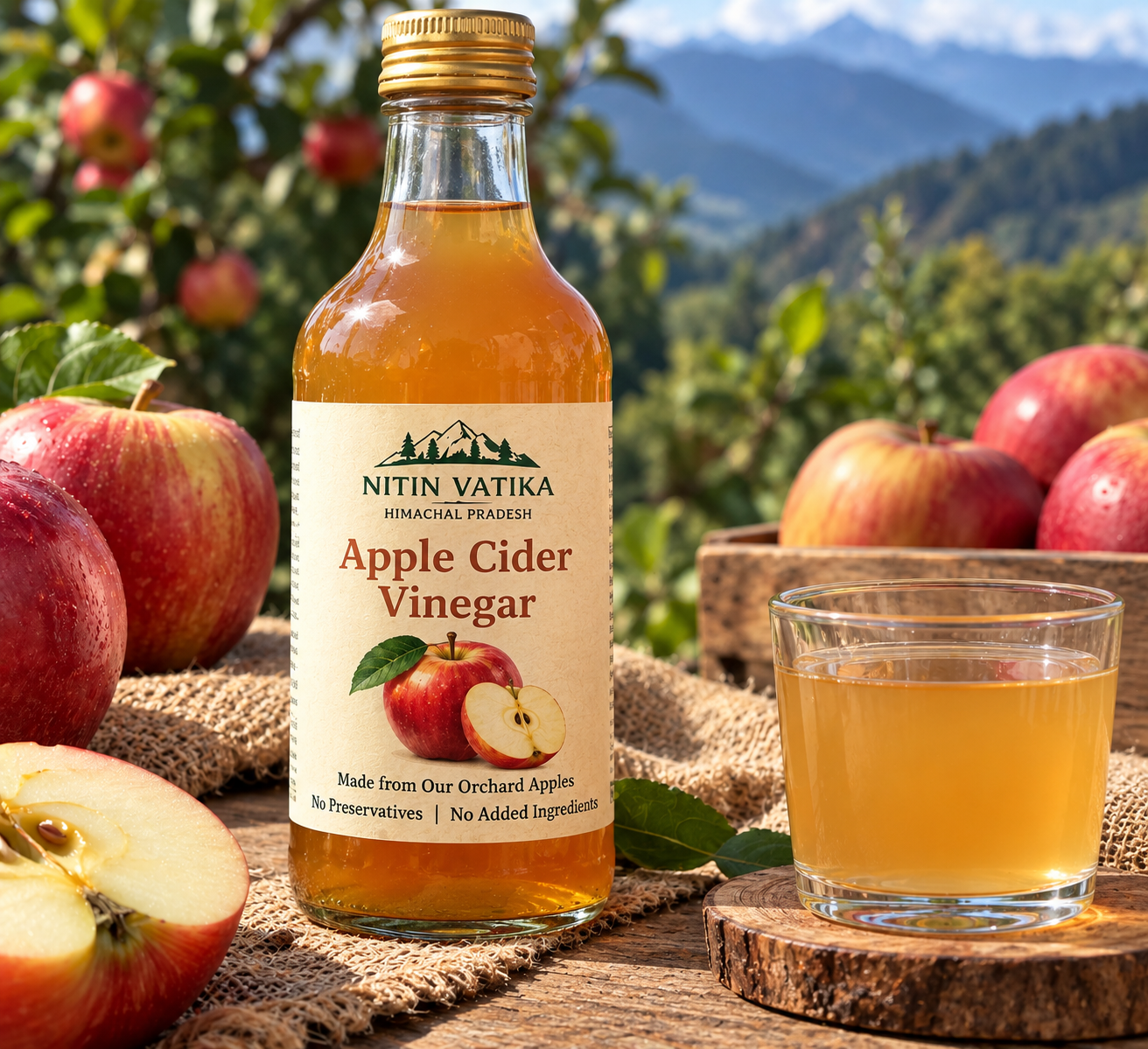 Homemade apple cider vinegar Nitin Vatika apple cider vinegar made from orchard apples in Himachal Pradeshwith mother in a glass bottle