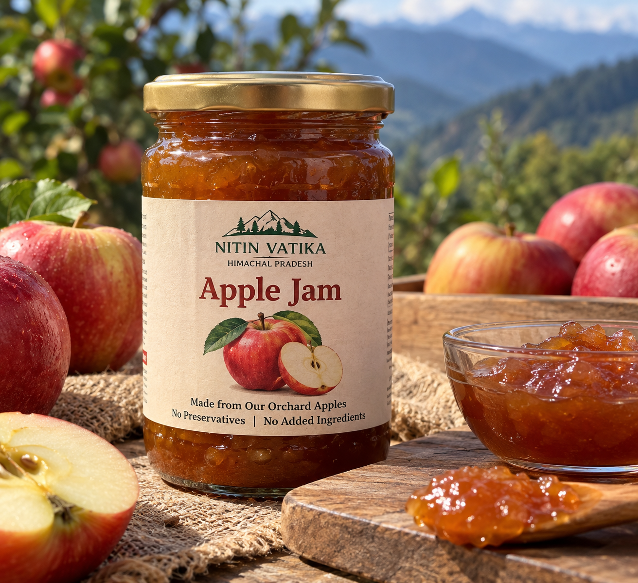 HomemadeNitin Vatika apple jam made from orchard apples in Himachal Pradesh apple jam prepared from garden-grown Himachal apples