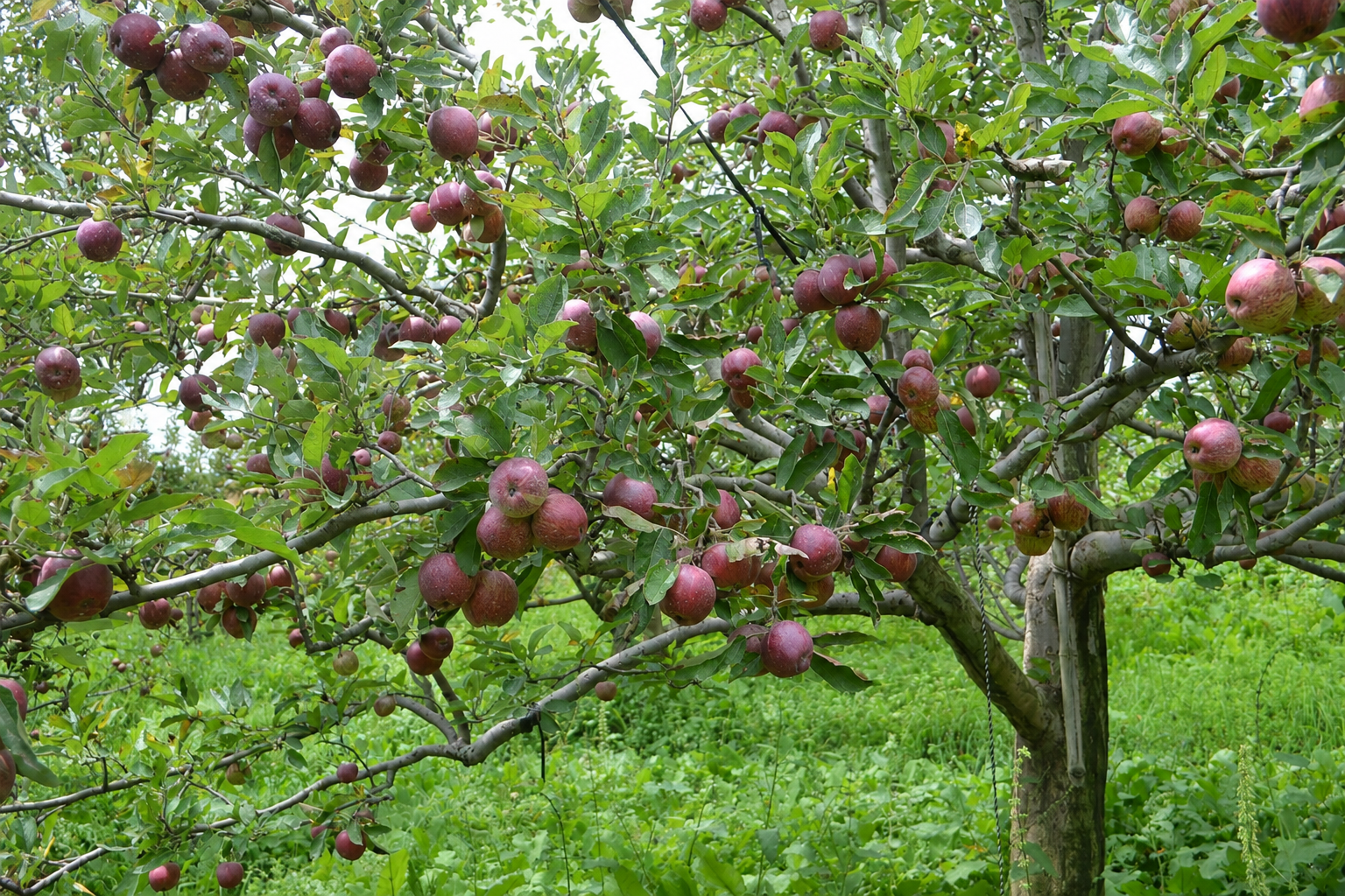 Fresh Royal Apples growing on an apple tree surrounded by lush green leaves and branches