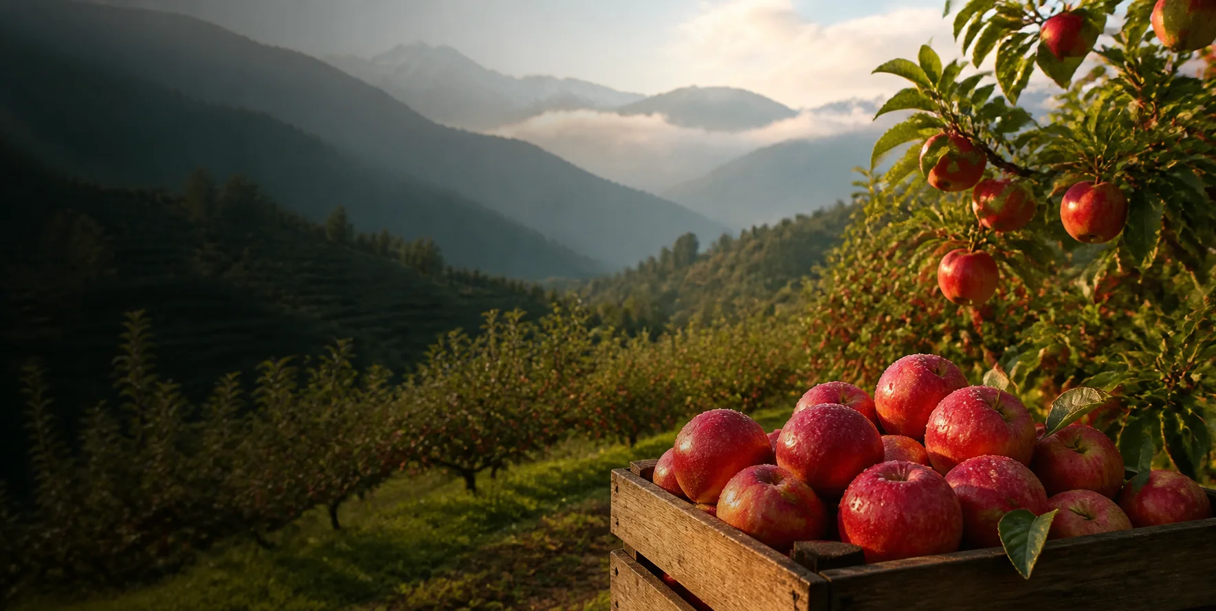 Scenic apple orchard in Himachal Pradesh with mountain views and fresh apple trees at Nitin Vatika